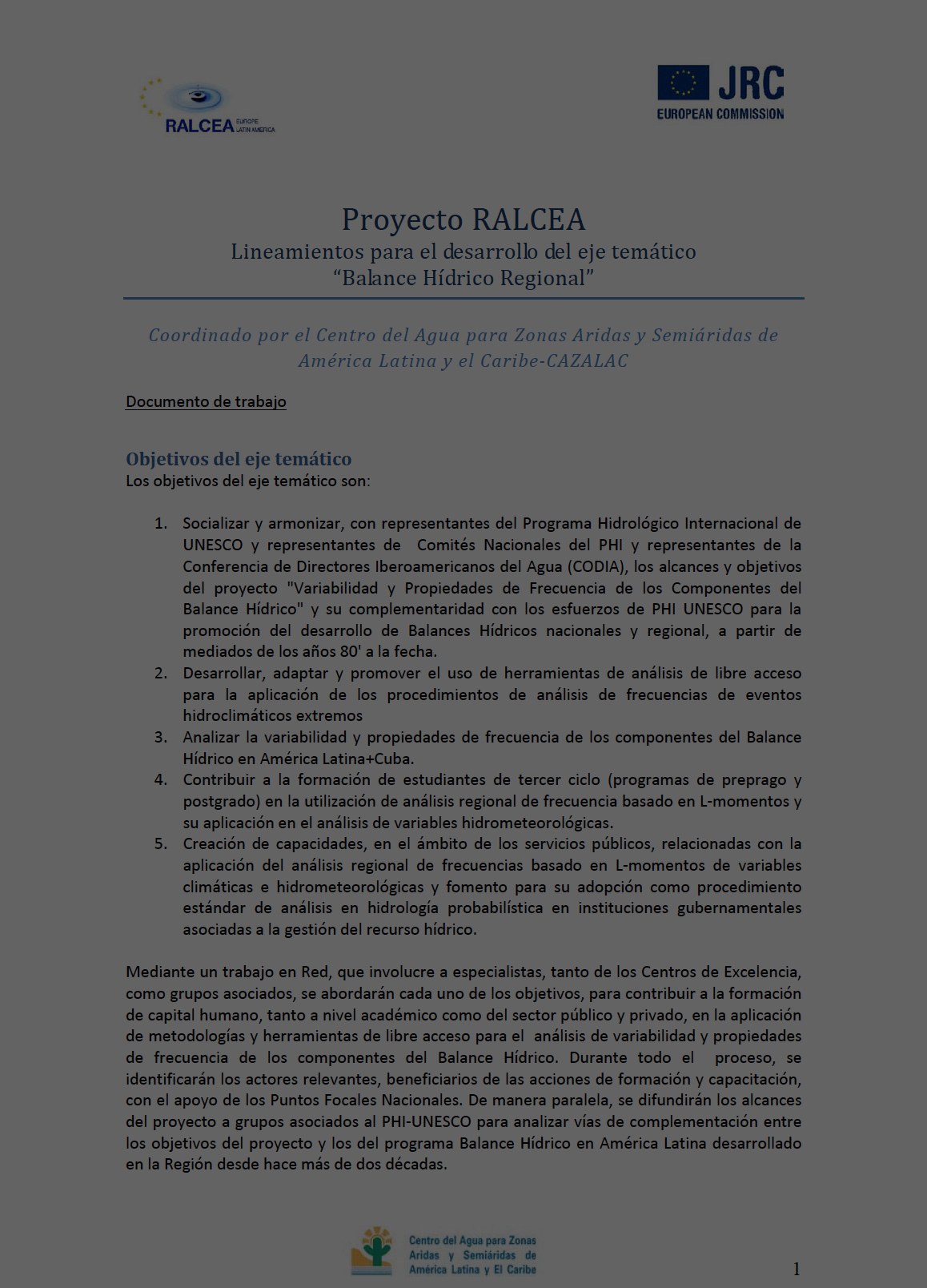 Lineamientos para el desarrollo del eje temático “Balance Hídrico Regional” - 2012