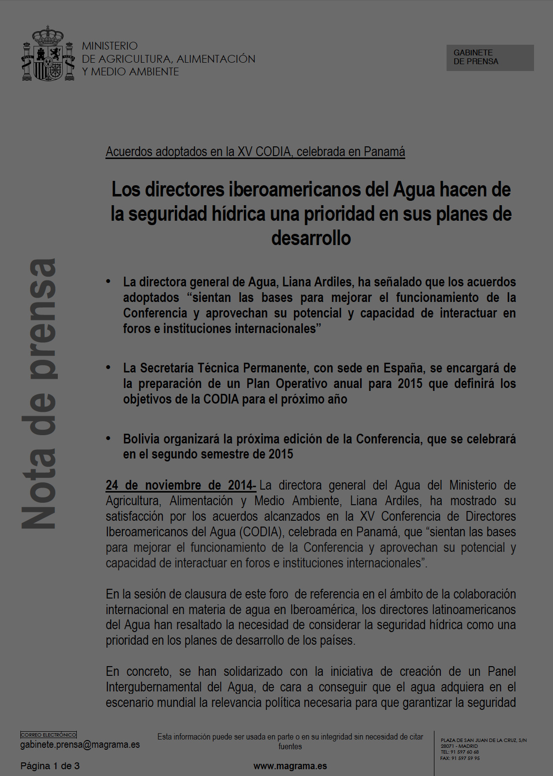 INFORME - XV Reunión de la CODIA - Nota de Prensa - 2014