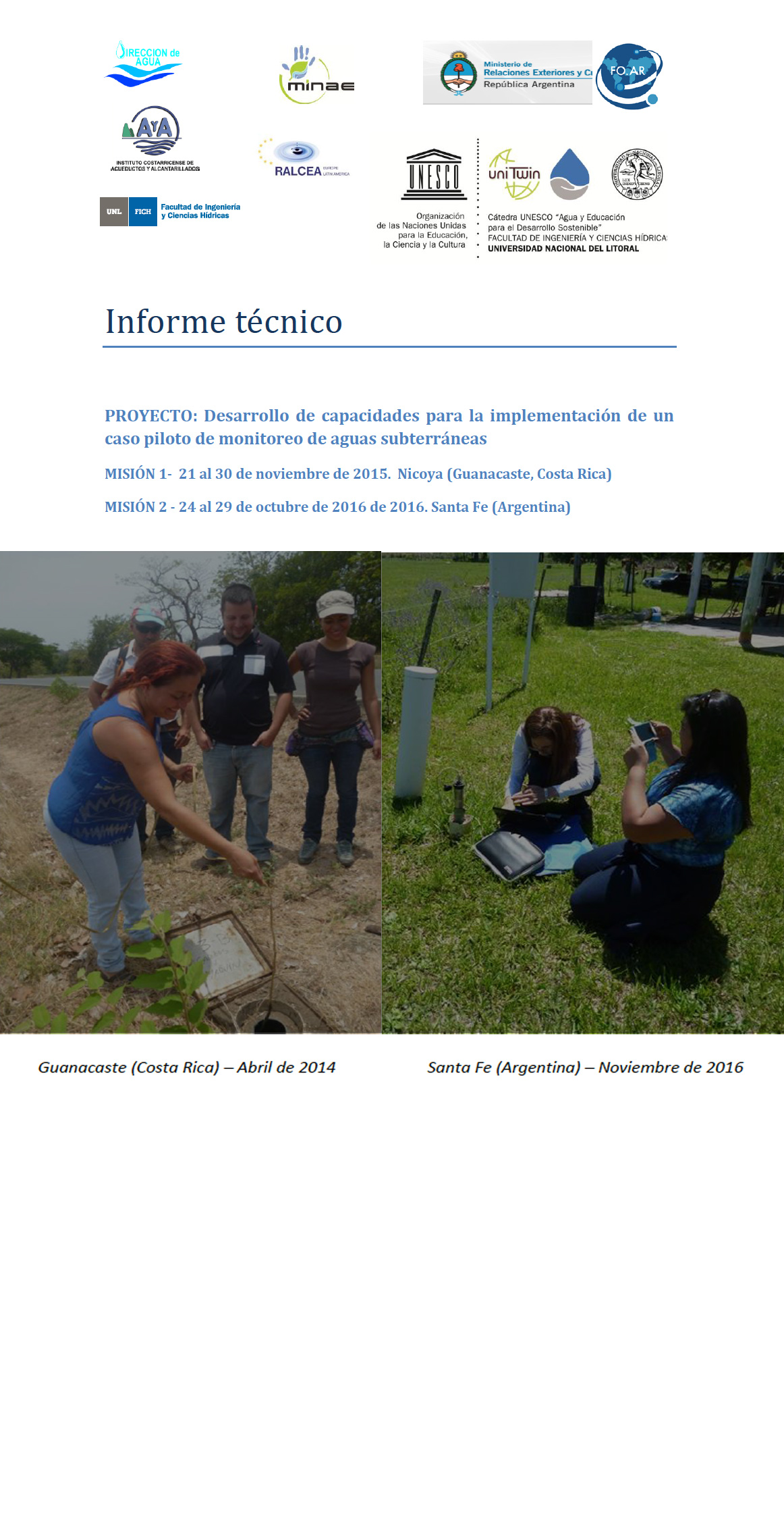 INFORME - Proyecto: Desarrollo de capacidades para la implementación de un caso piloto de monitoreo de aguas subterráneas - 2016