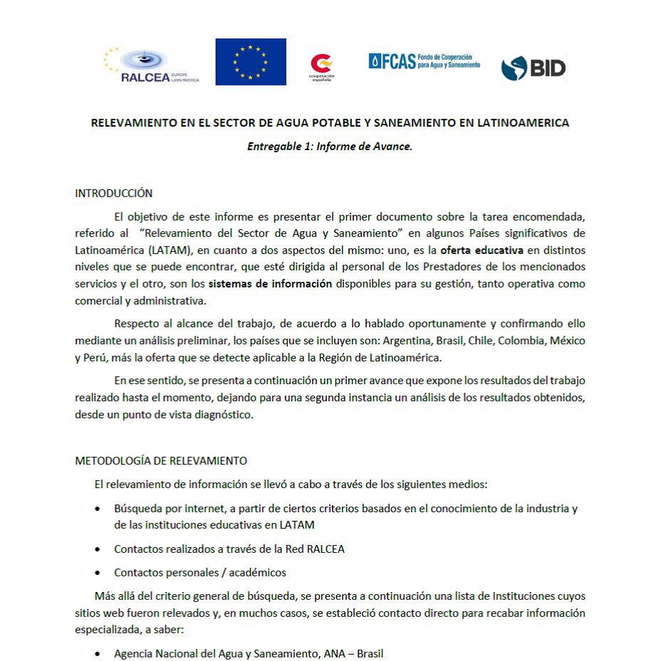Informe de Avance: Relevamiento en el sector del agua potable y saneamiento en Latinoamérica